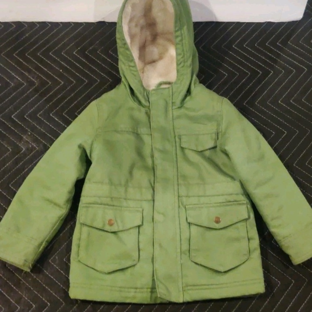 Cat & Jack 3T Faux Fur Shearling Lined Hooded Warm Twill Jacket Army Green